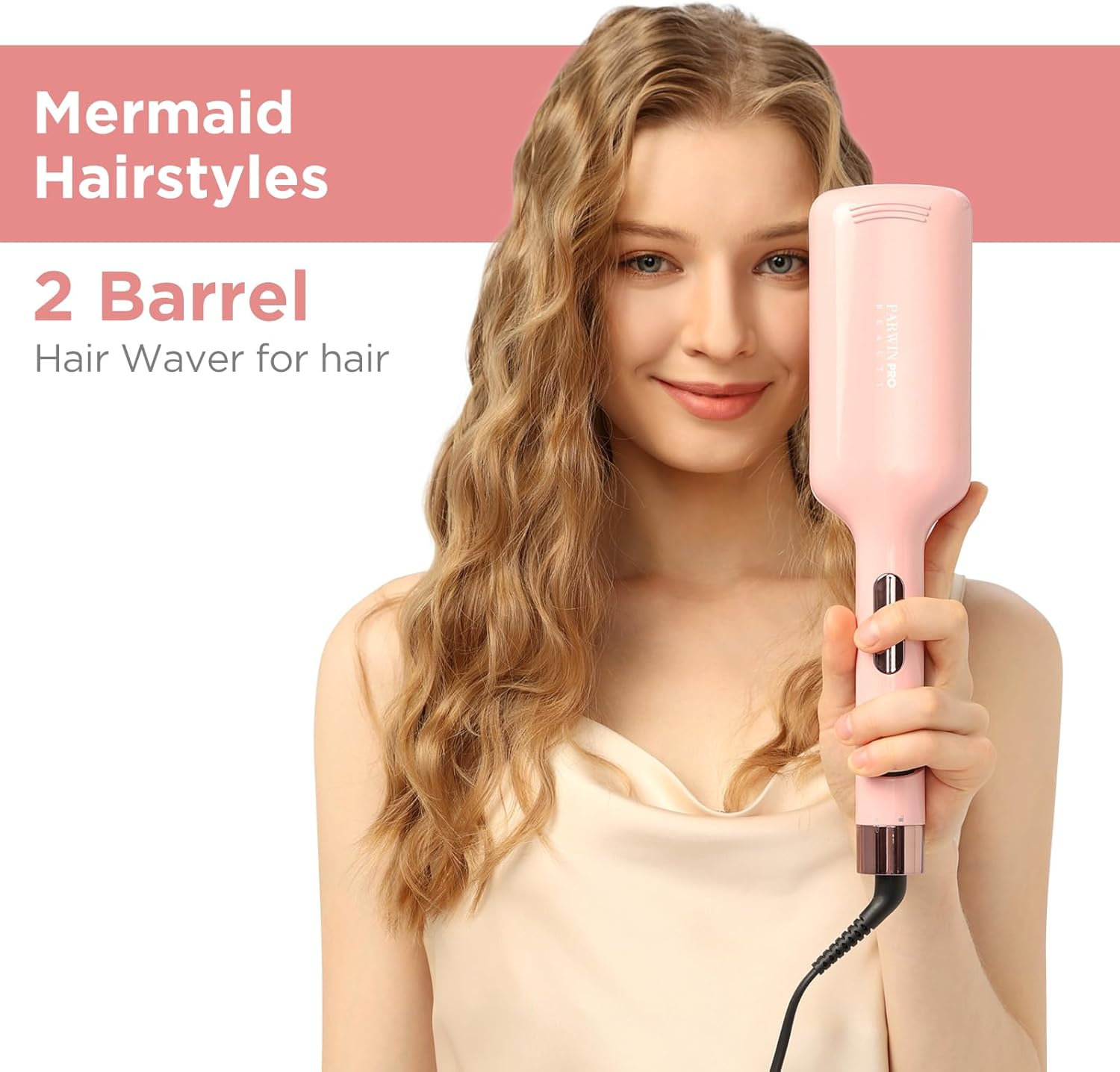2 Barrel Hair Crimper Waver for Hair, 32MM Waver Curling Iron for Large and Beach Curls, PARWIN PRO BEAUTY Beach Waves Curling Wand with 4 Adjustable Temperatures, Instant Waves (Pink) image number 3
