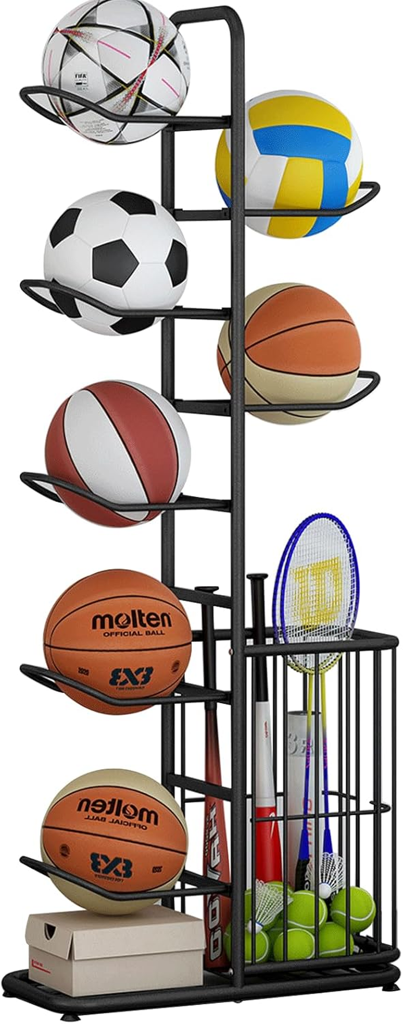 Basketball Storage Rack, Durable 5-Layer Cube Ball Storage Rack, Removable Garage Ball Storage, Vertical Sports Display Rack, Suitable for Volleyball Football, Basketball, Football, with Side Bin image number 3