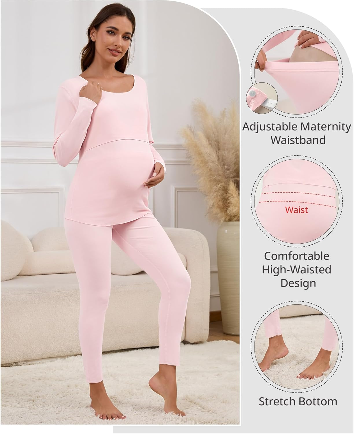 Patelai 2 Pack Thermal Nursing Underwear for Women Maternity Pajama Set Breastfeeding Sleepwear Fleece Lined Pregnancy Set image number 6