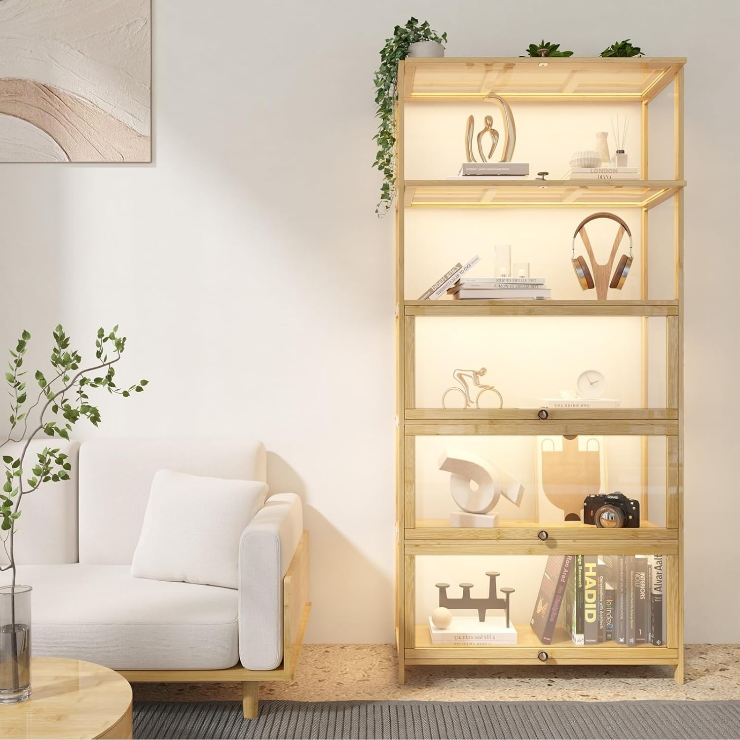 Oikiture Display Cabinet with 5-Tier Shelves Storage Cabinet Diplay Shelves Oak - 580-Black image number 2