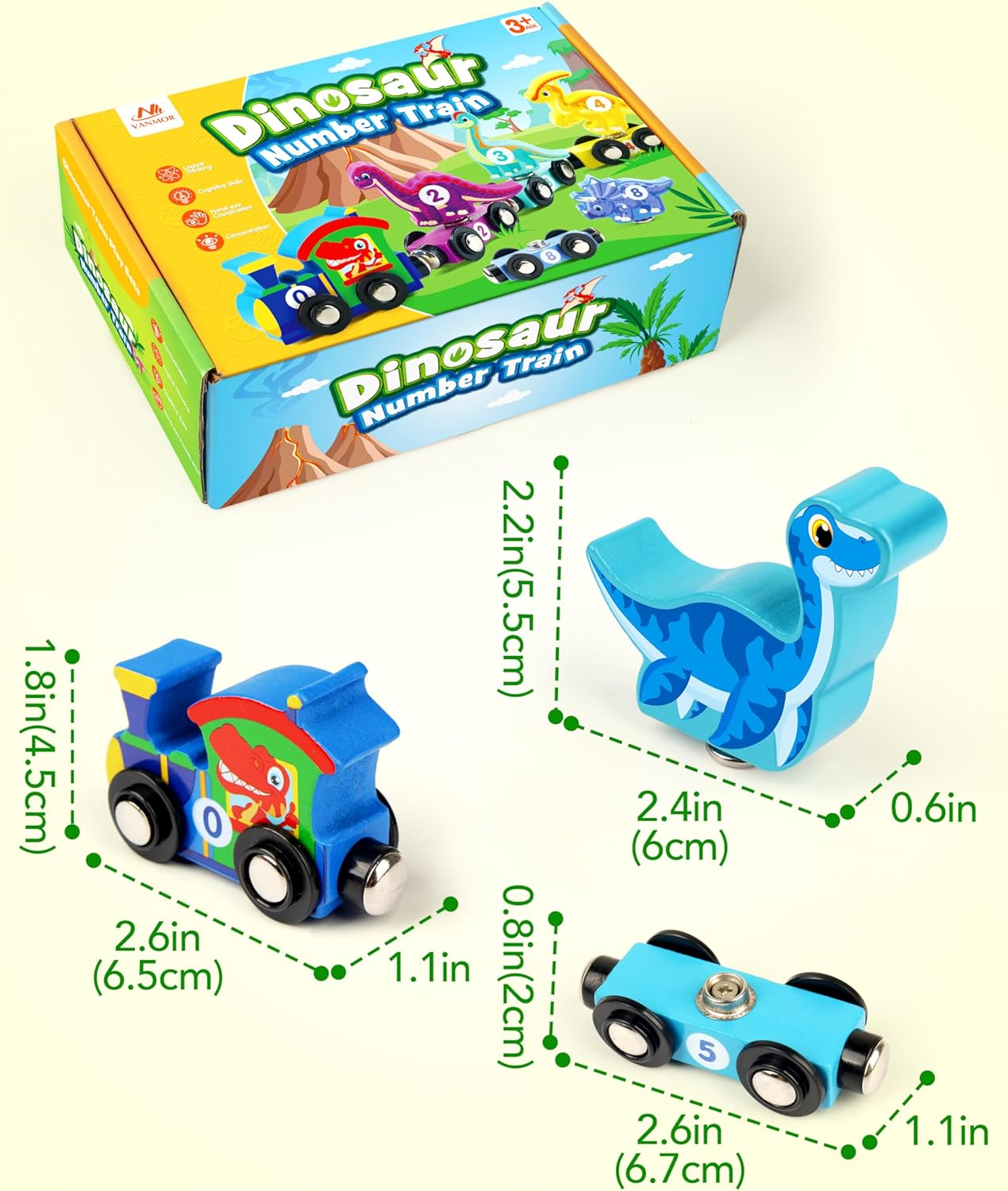 Vanmor Wooden Train Set with Dinosaur Toys - Educational Toddler Matching and Magnetic Number Train Learning Toys for Kids Ages 3-5 image number 6