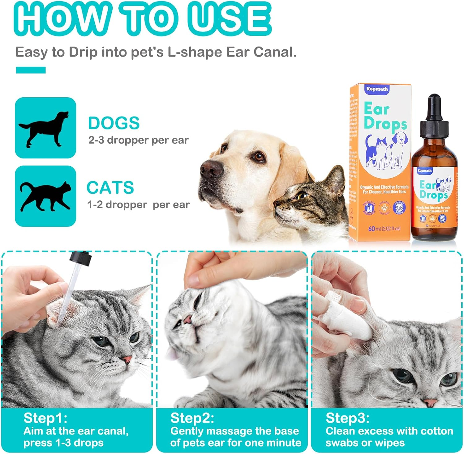 Kopmath Dog Ear Drops, Dog Ear Cleaner, Ear Infection Drops for Dogs and Cats, Yeast Infection & Ear Mites Treatment, for Dirty,Itchy,Smelly,Inflammed Ears,Natural Herbal Solution,60Ml with Dropper image number 3