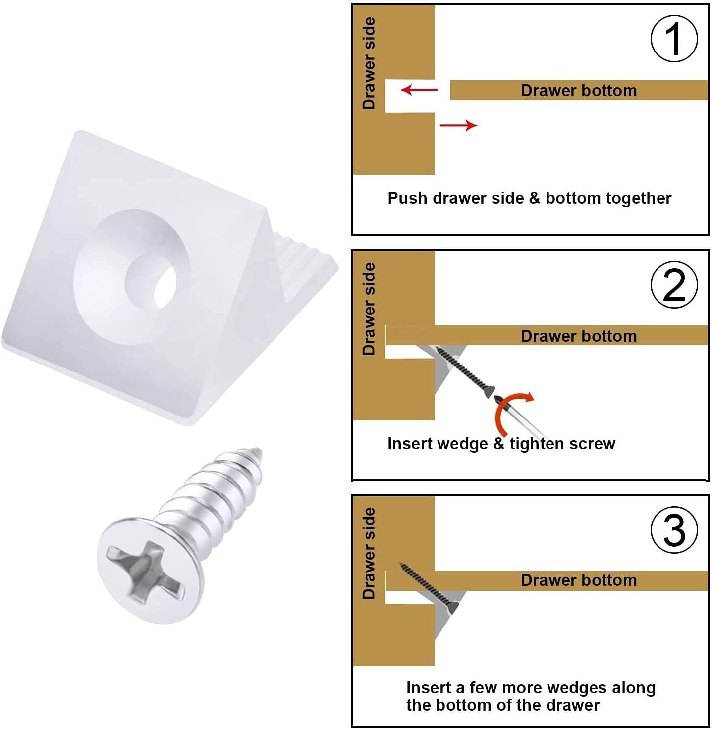 50Pcs Drawer Repair Kit, Drawer Supports Drawer Bottom Sagging Repair Fix Mending Wedges, Drawer Repair Kit with Screws Furniture Chest Drawer Bottom Repair Fixing Mending Wedges Drawer