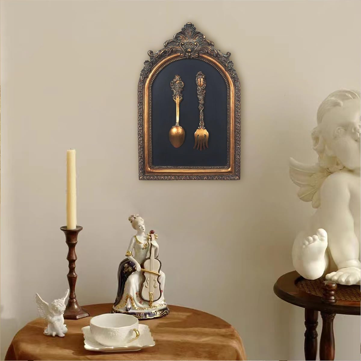 S-MANTIS Vintage Wall Sculpture,Antique Pediment,Hallway Wall Art, Hand Painted Wall Decoration with Embossed Intricate Spoon and Fork Design, Arched Aesthetic Room D&eacute;cor, Gallery, Unique Gift - Antique-Spoons image number 3