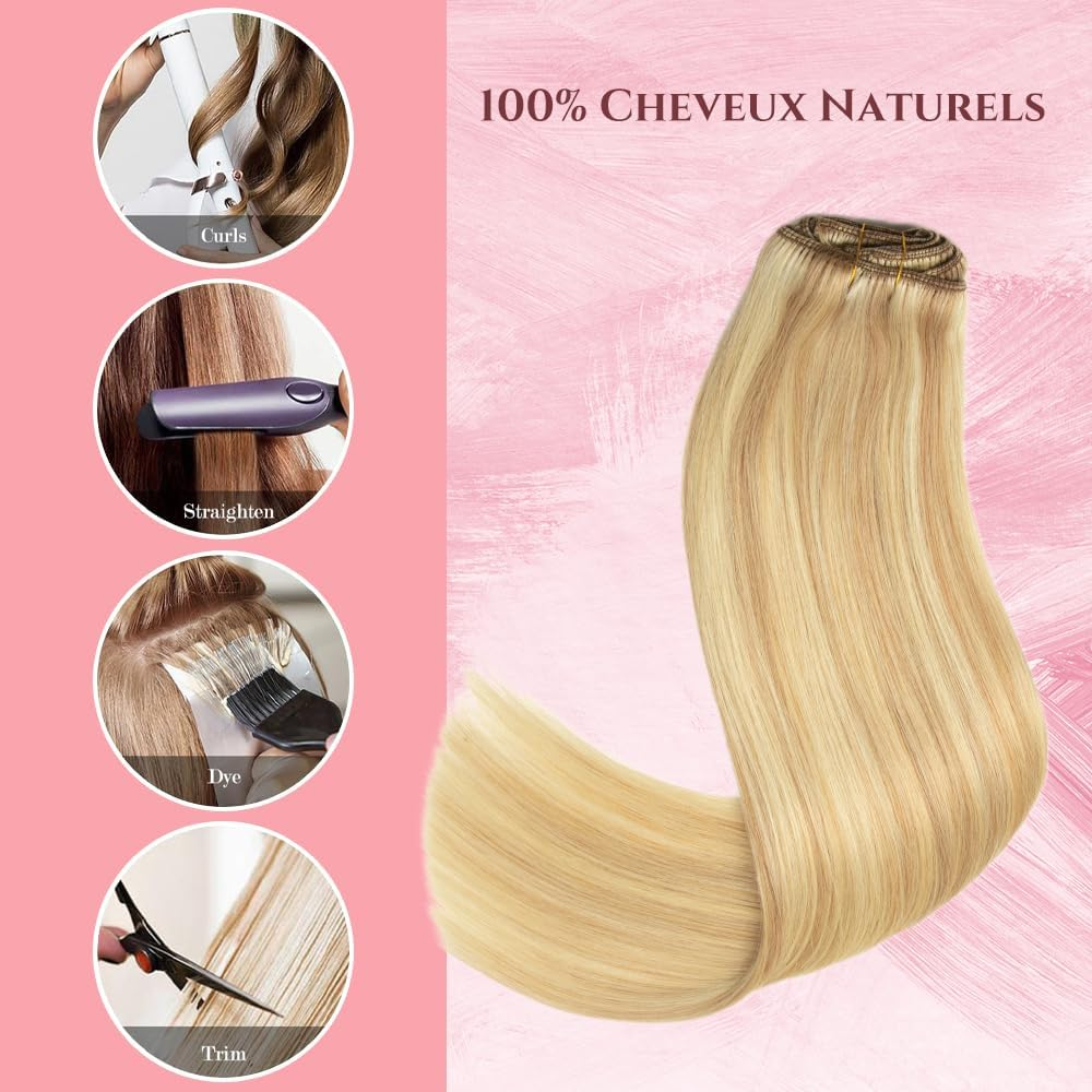 Clip-In Hair Extensions, Real Hair, Balayage, Honey Blonde to Blonde, Clip in Hair Extensions, 100G, 100% Remy Human Hair for Women, Straight, 8 Pieces with 18 Clips, Double Weft, 20 Inch image number 4