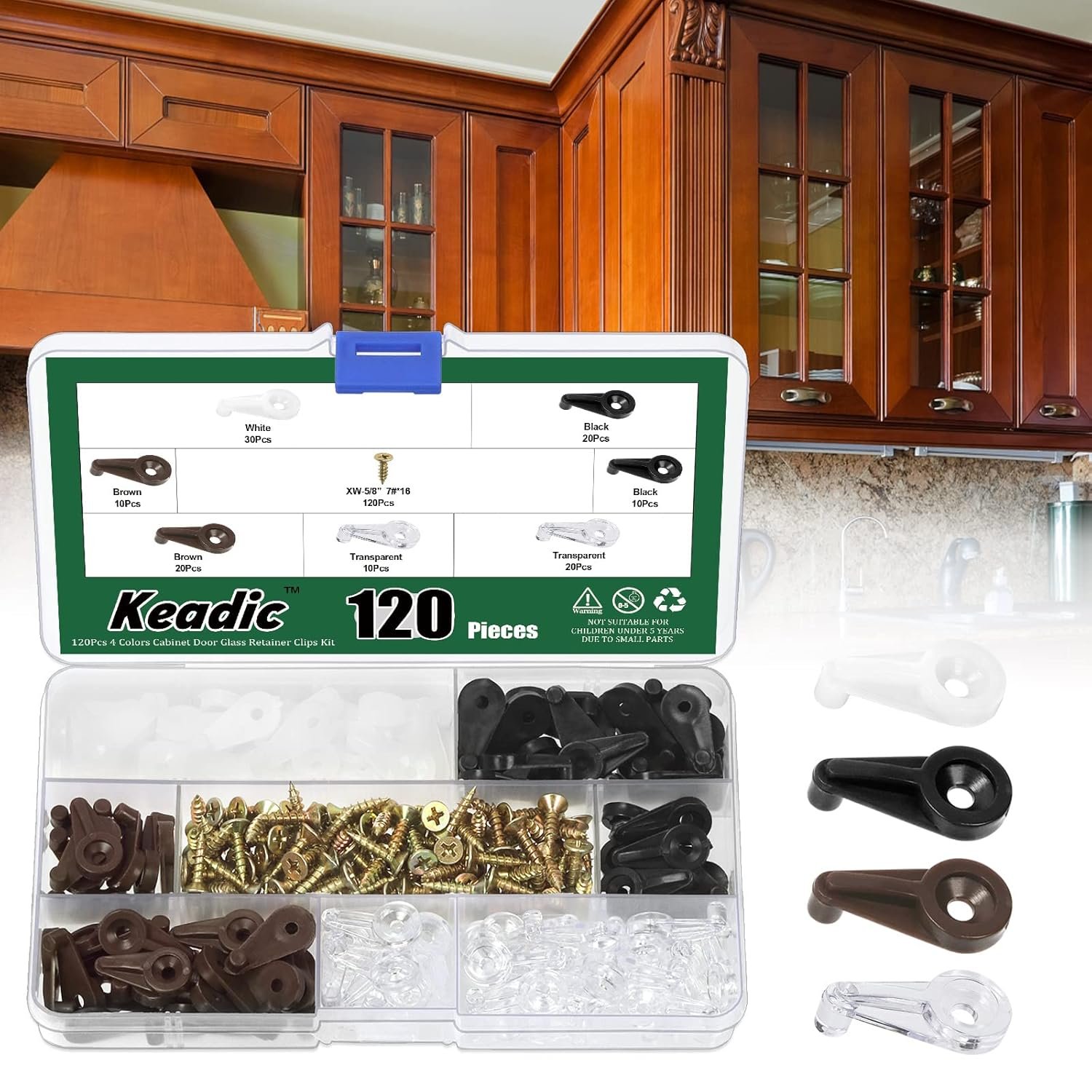 Keadic 240Pcs Plastic Cabinet Door Glass Retainer Clips Assortment Set with Screws, 5Mm Offsets Transparent/White/Black/Brown Glass Window Screen Door Clip Holders for for Fixing Mirror Cabinet Door image number 3