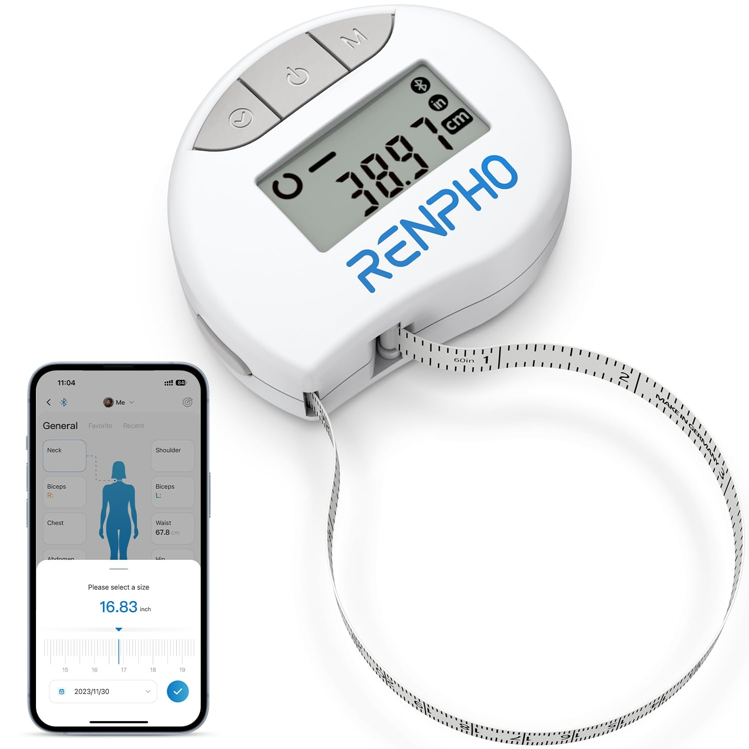 Smart Tape Measure Body with App - RENPHO Bluetooth Measuring Tapes for Body Measuring, Weight Loss, Muscle Gain, Fitness Bodybuilding, Retractable, Measures Body Part Circumferences, Inches & Cm image number 1