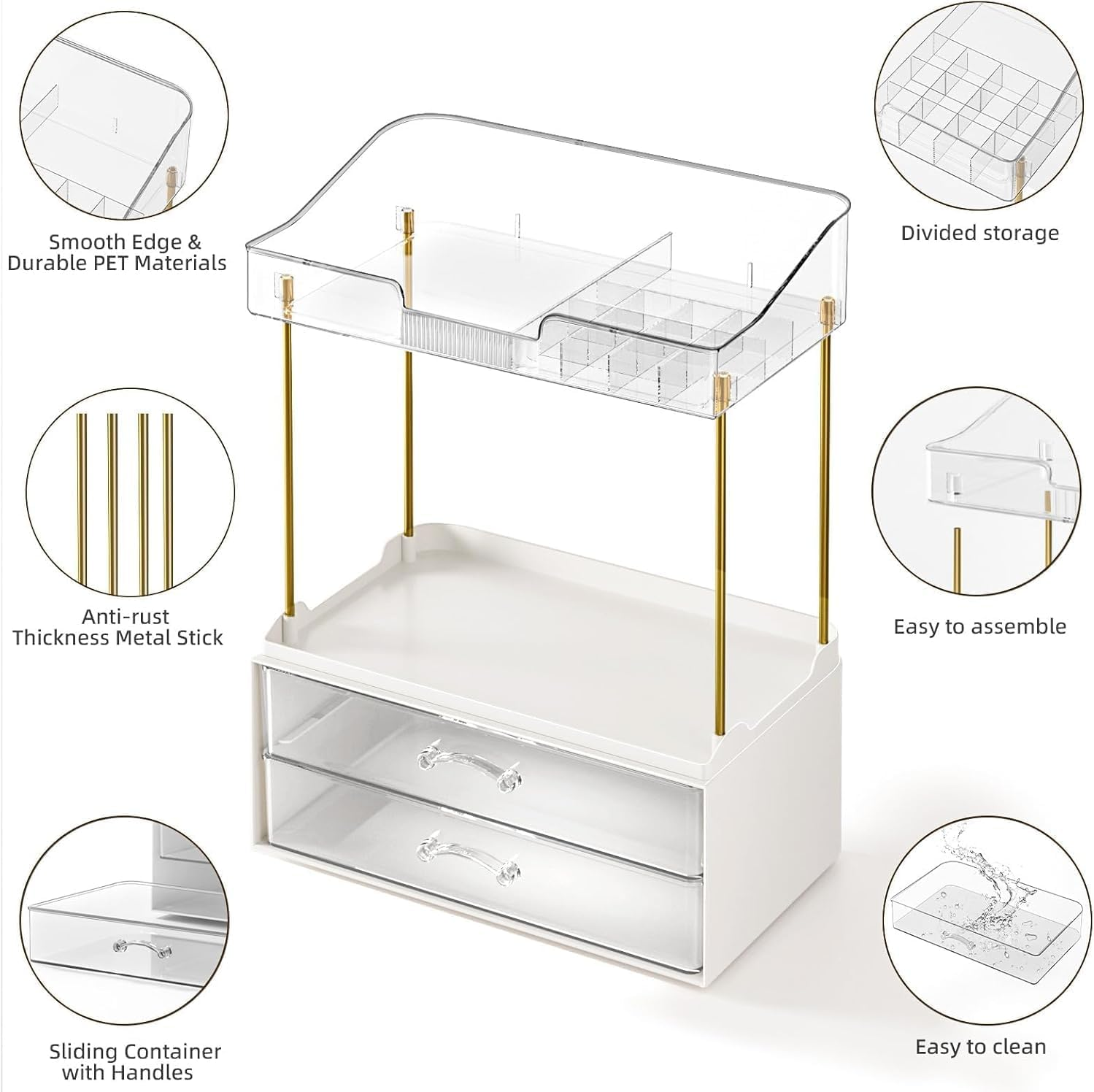 Bathroom Counter Organizer, 4 Tier 2 Drawer Makeup Countertop, Versatile Perfume Organizer, Makeup Organiser Storage, Large Skincare Organizers, for Bathroom Storage, Exquisit Vanity Shelves (White) - White image number 5