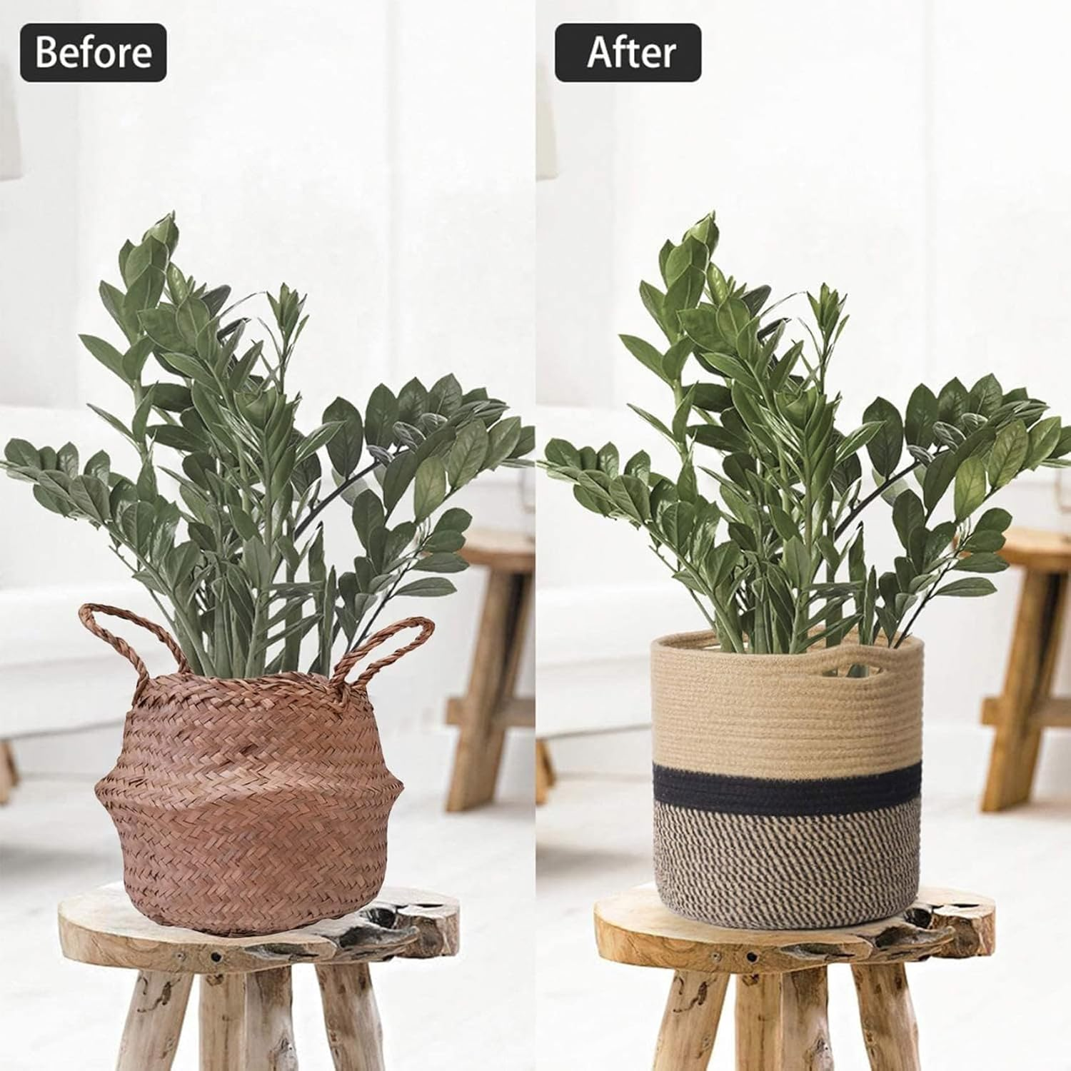 2Pcs Jute Cotton Rope Plant Basket, Woven Baskets for 27Cm Inch Flower Pot Home Decor, round Indoor Planters Storage Organizer, Brown Black 27 * 27 * 27Cm image number 4