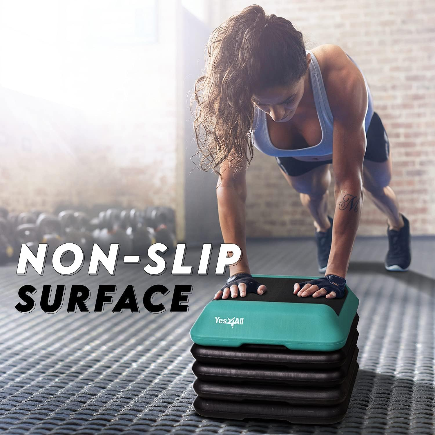 Yes4All 16"X16" Adjustable High Step Aerobic Platform with 4 Risers, Height-Adjustable 4"-6''-8''-10''-12" Step Aerobics Platform for Home Gym Exercise Fitness Workout - A. Red/Black image number 5