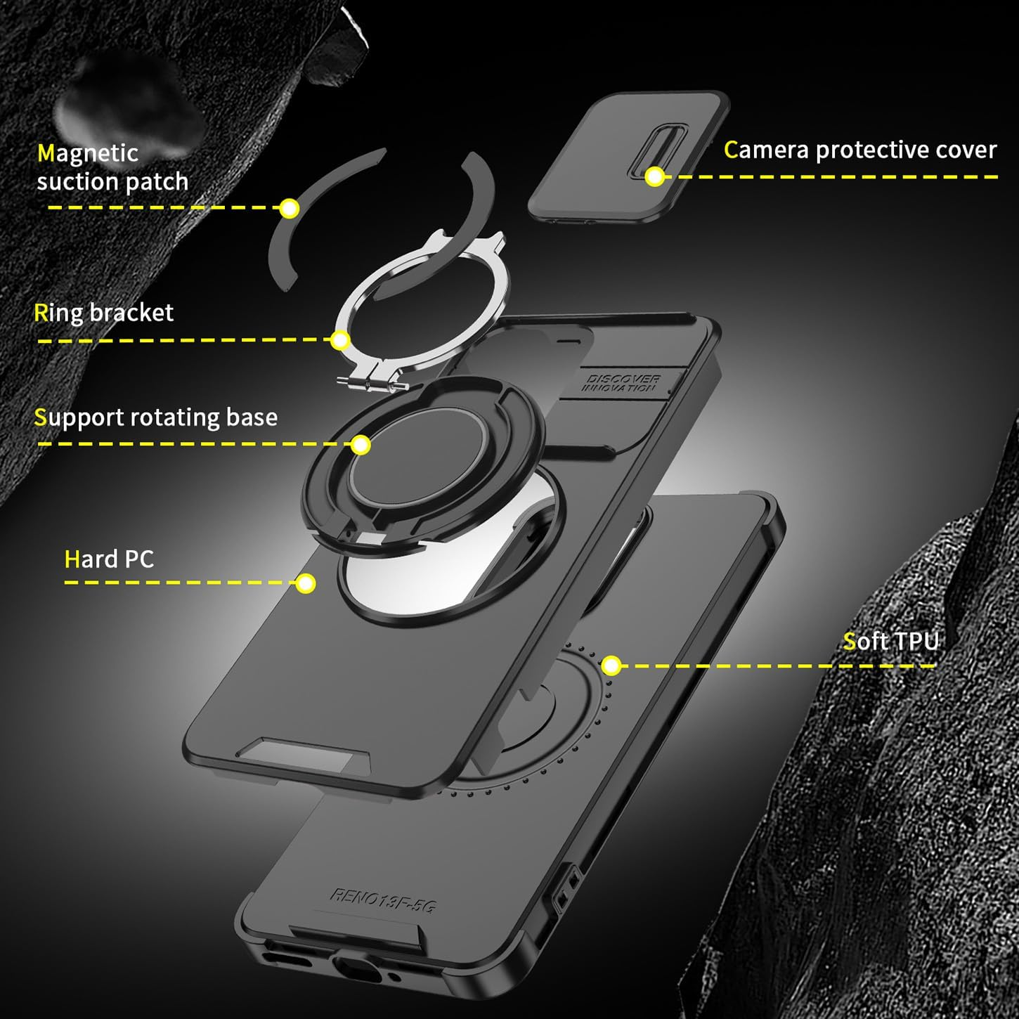 ILING Mobile Phone Case for Oppo Reno 13 FS (Oppo Reno 13F 5G/4G), Ultra Thin Military Shockproof Matte Hard PC Case, Soft Silicone TPU Protective Case with Magnetic Ring Stand and Camera Protection - Black image number 2