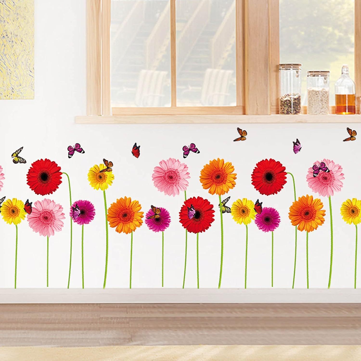 Maydahui 2 Sheets Gerbera Daisy Flowers Wall Decal 3D Floral Butterfly Wall Stickers (30*37 Inch) Peel & Stick Removable Modern Art Mural Decor for Kitchen Kids Bedroom Living Room( Pink,Red,Yellow,Orange) image number 5