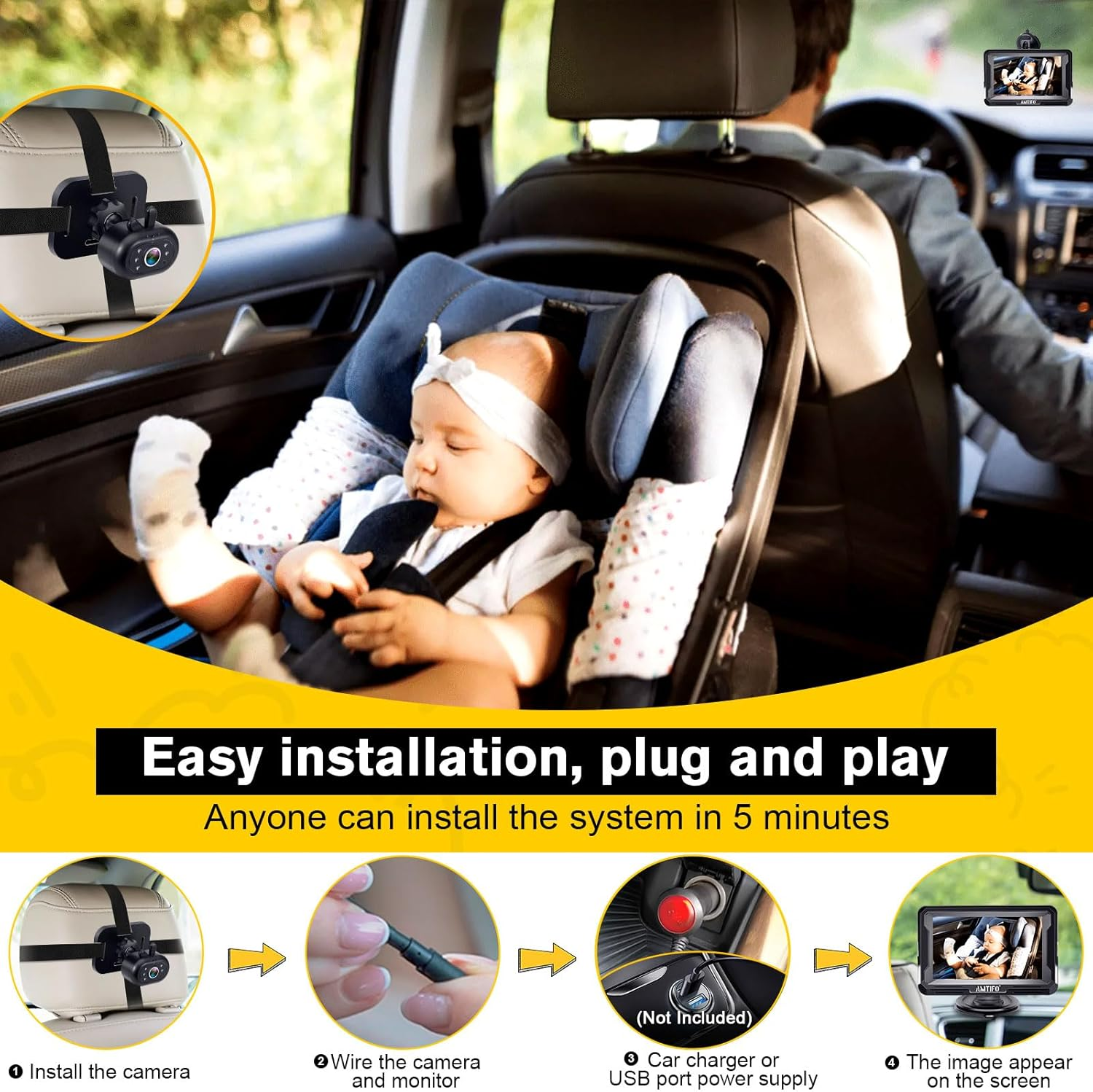 AMTIFO Baby Car Camera Easy Install: Clear Night Vision 2Mins Plug-Play Backseat Camera 360 Rotation Rear Facing Car Baby Monitor with Camera image number 5