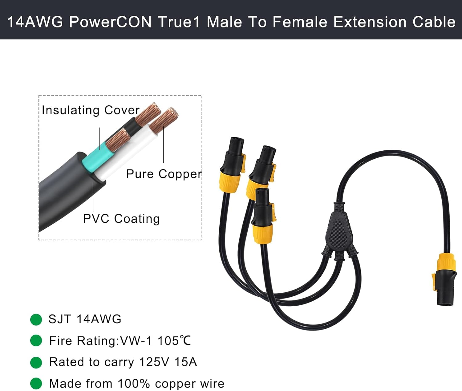 Powercon Ture1 NAC3MX-W to 3X NAC3FX-W Splitter Extension Cable 3 Ways Powercon Male to Female Cords 14 Gauge 3FT Heavy Duty image number 1