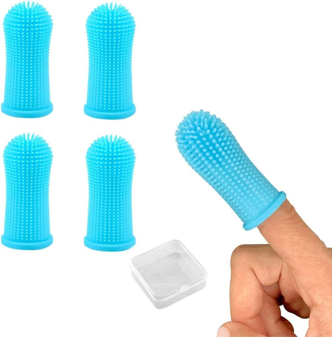 Pack of 4 Silicone Dog Toothbrushes, Blue Finger Cots Toothbrush, with Storage Box, Finger Toothbrush, Dog Toothbrush for Small, Medium and Large Dogs
