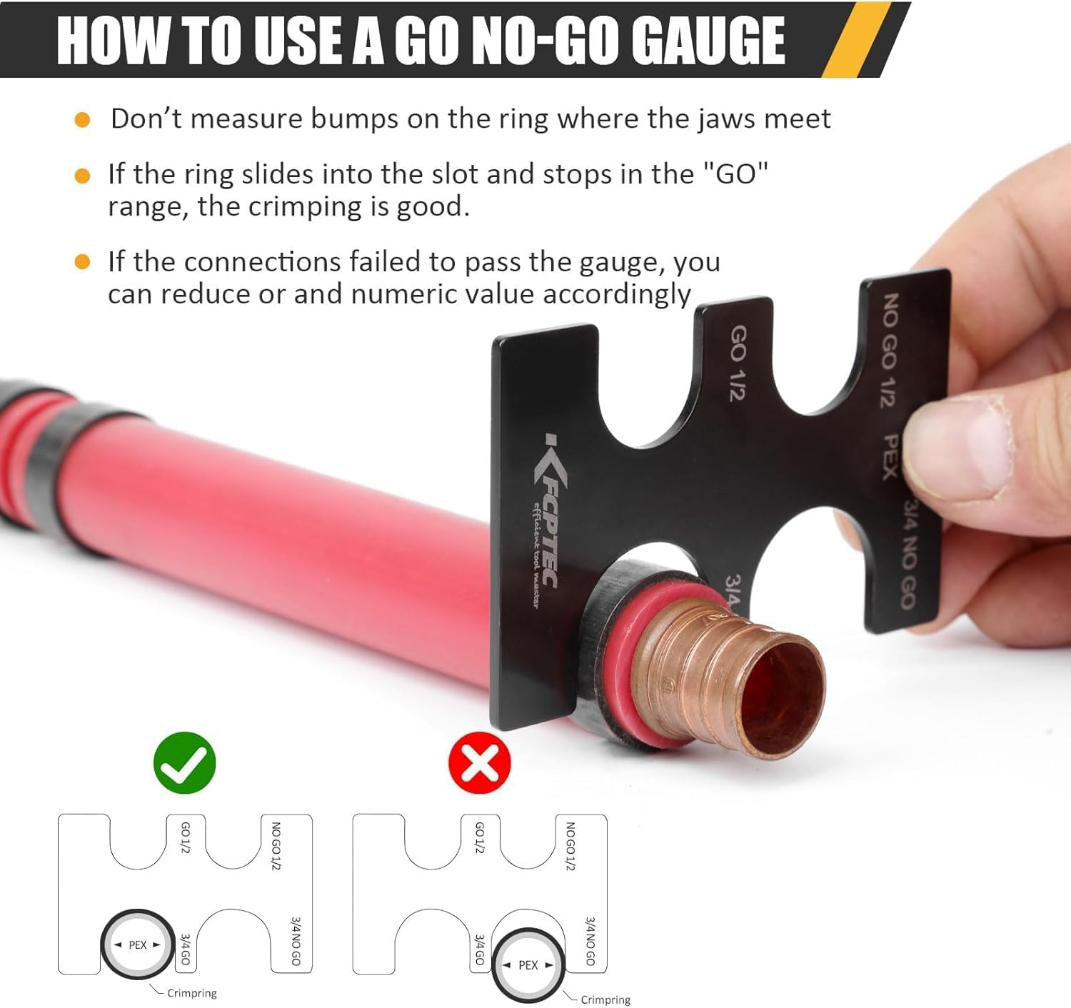KF CPTEC 1/2" & 3/4" PEX Crimping Tool with Go/No-Go Gauge, Suitable for Copper Crimp Rings, Complies with ASTM F1807 Standard image number 5