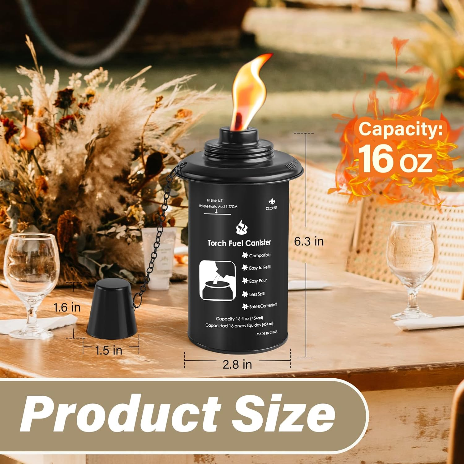 ZSZMFH 16Oz Torch Canisters, 6 Pack Bamboo Torch Refillable Replacement Canister, Outdoor Citronella Fuel Torch Canister with Wicks and Covers,For Luau Party, DIY Garden Decor. - 16 Oz-6 Pack image number 6