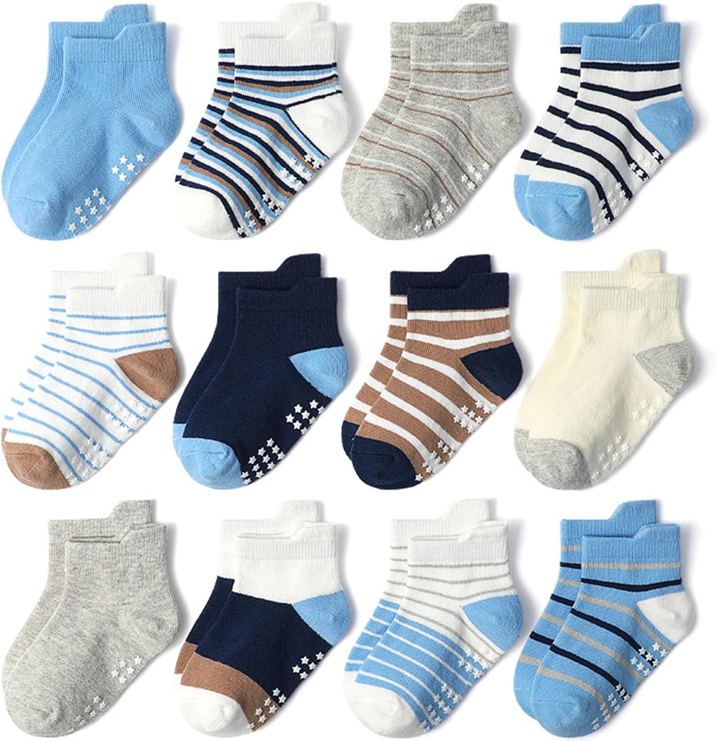 Baby Non Slip Grip Ankle Socks,12-Pack Cotton Crew Socks for 1-3/3-5 Years Old Infants Toddlers Kids Boys Girls Crawling Unisex Ankle Socks Non Skid Sole