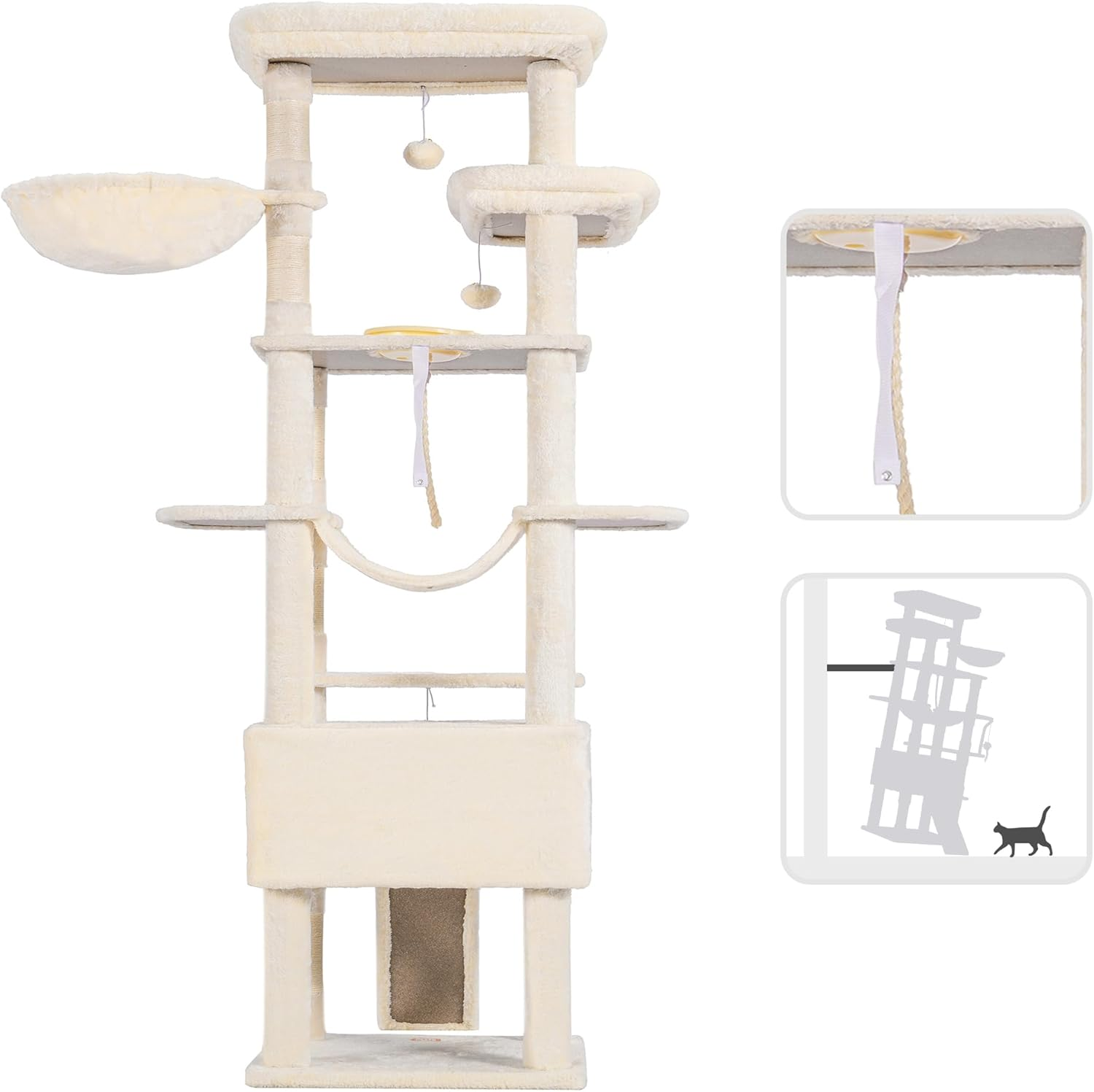 Heybly Tall Cat Tree,78 Inch Multi-Level Cat Tower for Indoor Cats,2 Widened Plush Perches Cat Condo with Scracthing Board and Big Caves,Beige HCT033M image number 5
