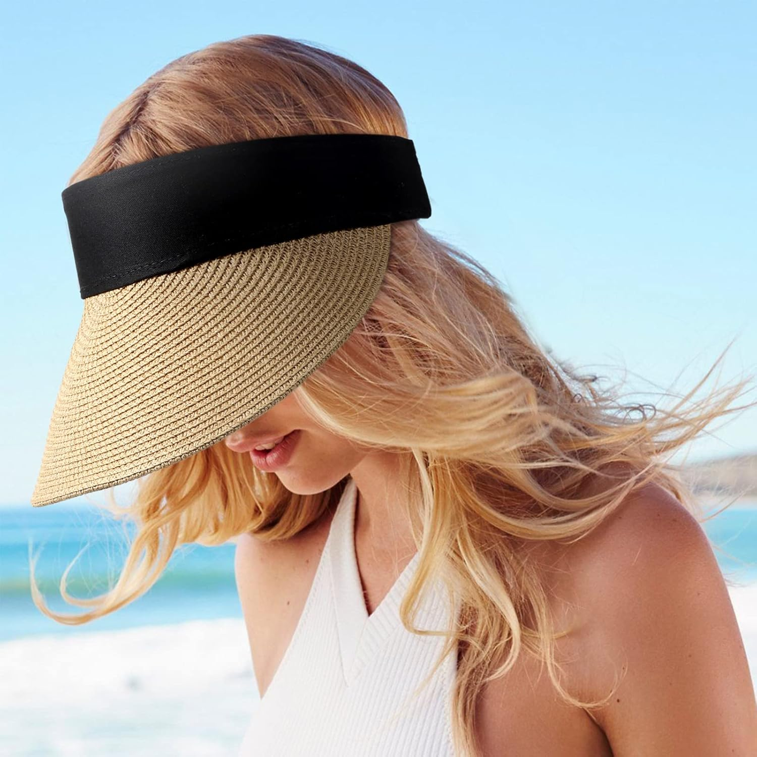 Straw Sun Visor Hats for Women Wide Brim Roll-Up Foldable Beach Visors Cap Summer UV Protection, Khaki, One Size