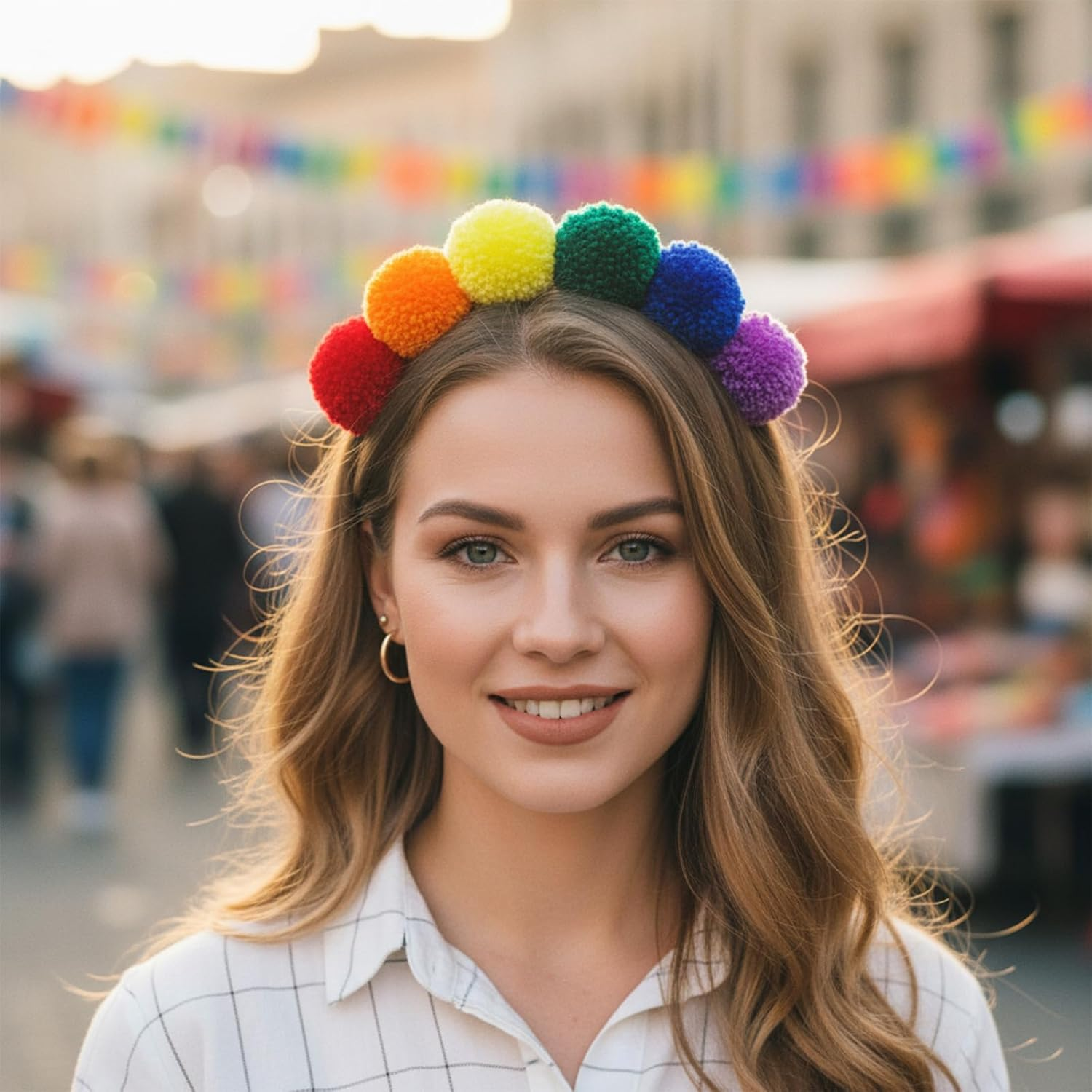 Rainbow Pompoms Headband, Colourful Hair Accessories, Carnival, Rainbow Pompom Tiara, Pom Pom Headband, Headpiece for Carnival, Fancy Dress and Party image number 2