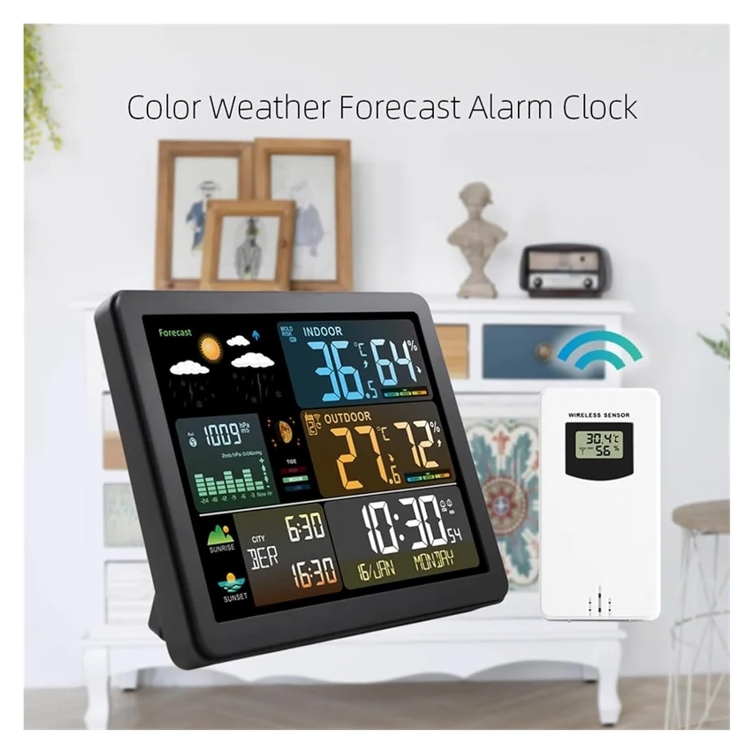 Color Weather Station Wall Dual Alarm Clock Digital Temperature Humidity Mointor Barometer Moon Phase Tide Indicator Sensor -40C