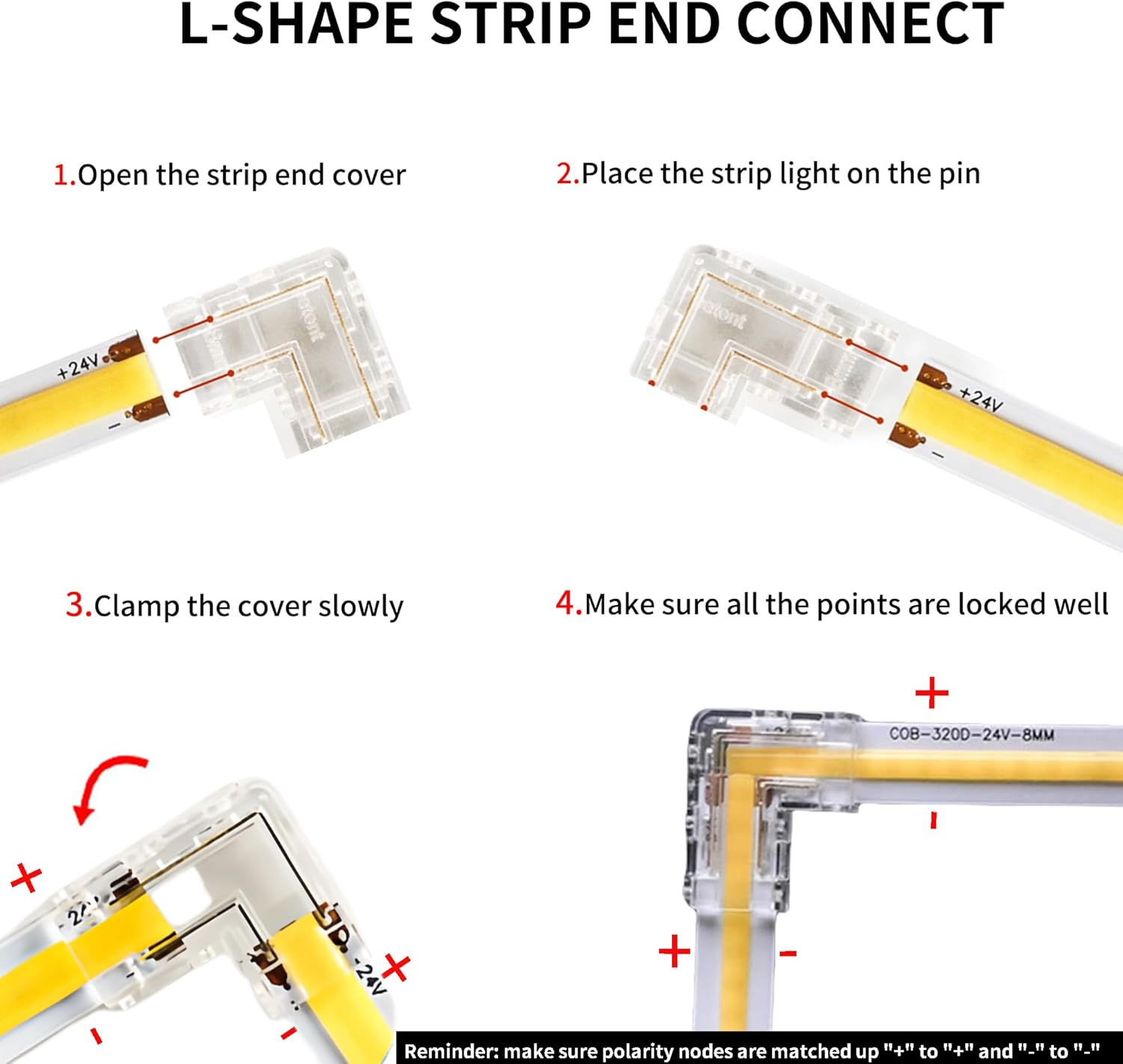 Clearhill 8Mm 2Pin 10Packs Transparent Solderless L-Shape COB LED Strip Connectors,90&deg;Right Angle Corner Joints for 5V 12V 24V Single Color LED Strip Lights,Seamless Corner Connection. image number 4