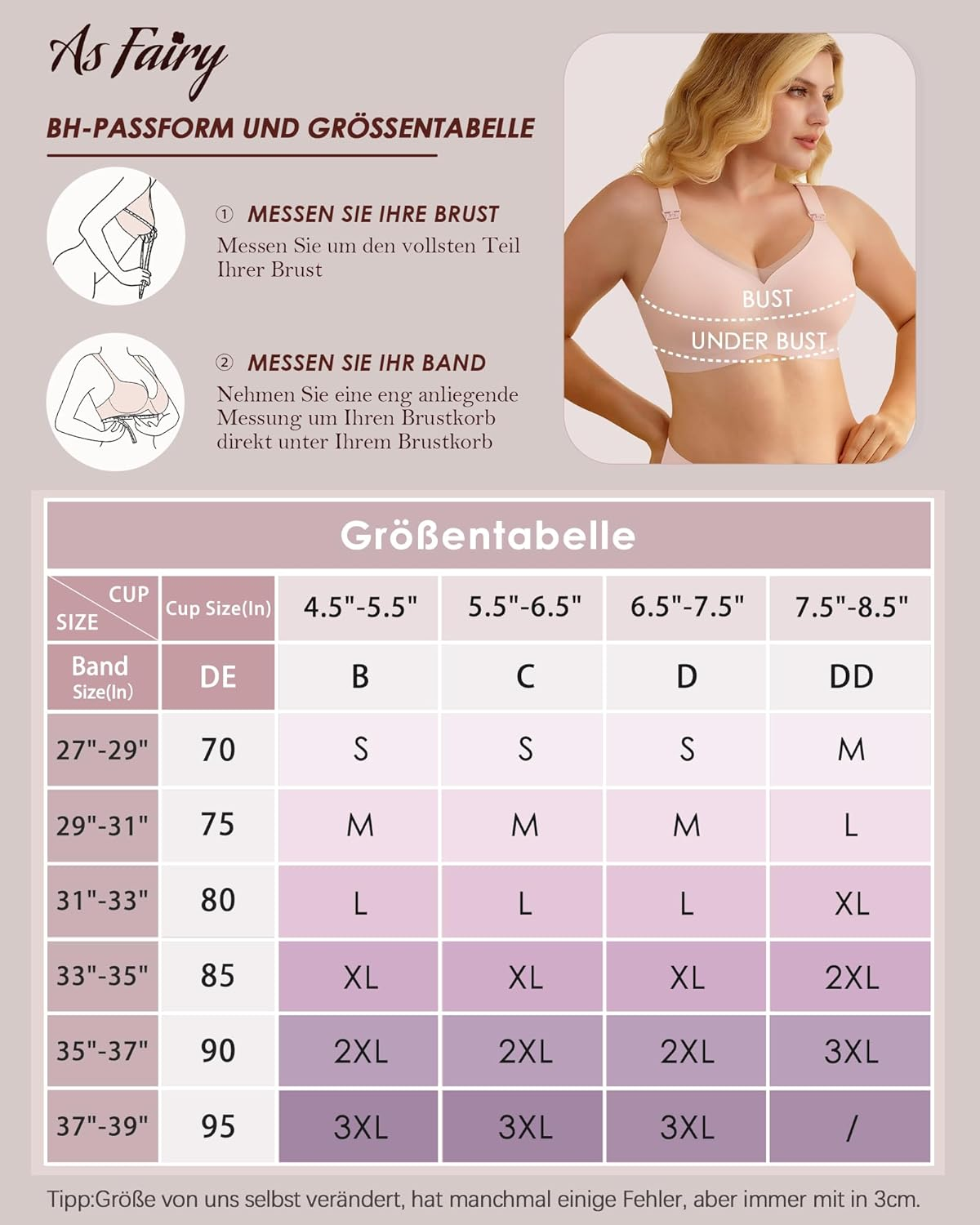 As Fairy Nursing Bra for Breastfeeding, without Underwire, Seamless Pregnancy Bra, Non-Wired Lace Nursing Bras, Ultra Comfort Pregnancy Sleep, Large Breasts, Nursing Bra, Pink (Pink Lace), S image number 4