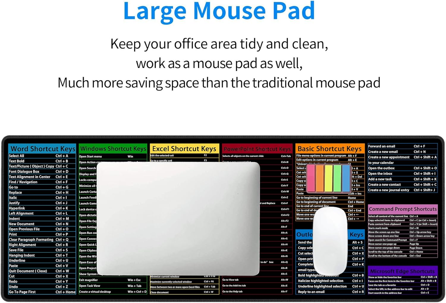 Computer Office Power Point Excel Word Outlook Command Prompt Shortcut Keys Shortcuts Gaming Keyboard Mouse Pad Mousepad Desk Mat Huge Extended XL Rubber Sole for Home Office(31.5"X 11.8") - Black image number 7