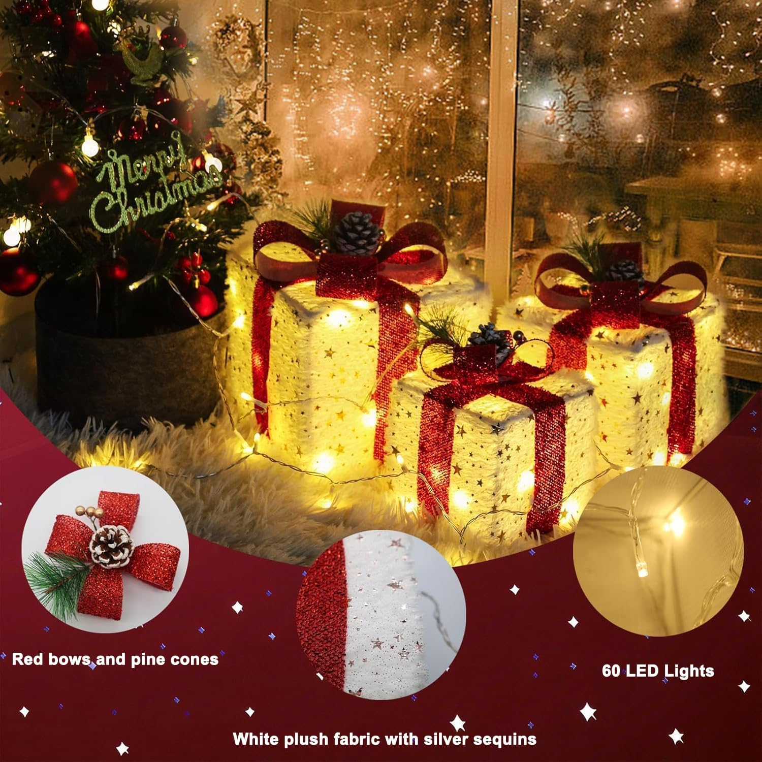 Christmas Lighted Gift Boxes Decorations, Set of 3 Light up Present Boxes Ornament with 8 Flashing Modes & Function, Christmas Tree Decorations for Indoor Home, Party, Lawn Decor image number 6