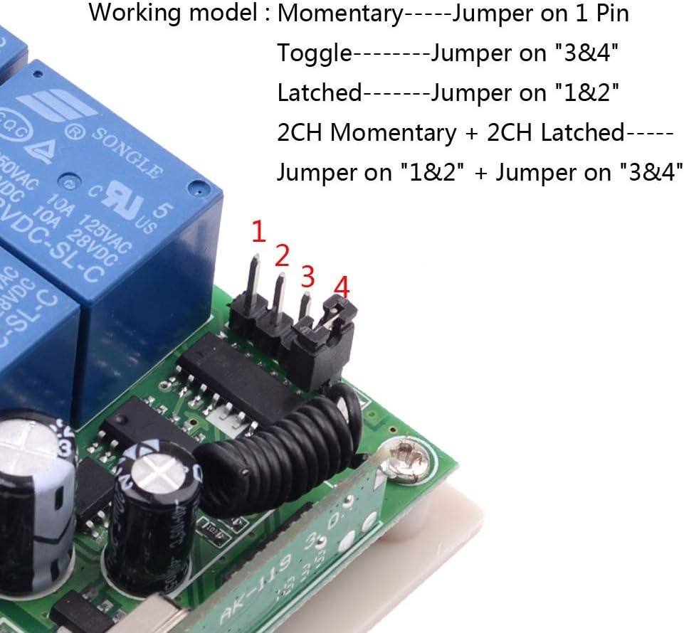 DC 12V 10A Relay Remote Control Switch, 433Mhz 4 CH Universal Remote Control Momentary Wireless Switch for Wireless Control and More image number 3