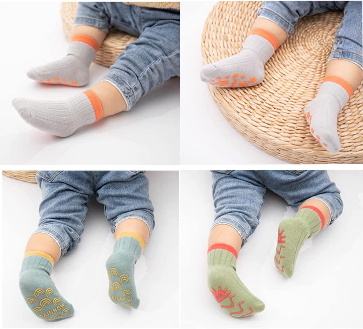 Baby Socks with Grip 5 Pairs, Ultra-Soft Cotton Anti-Slip Toddler Crew Socks for 0-12 Months/1-3/3-5/ Years Old Boys Girls Kids Infant Non Slip Ankle Socks Unisex Crawling Socks for Babies image number 4