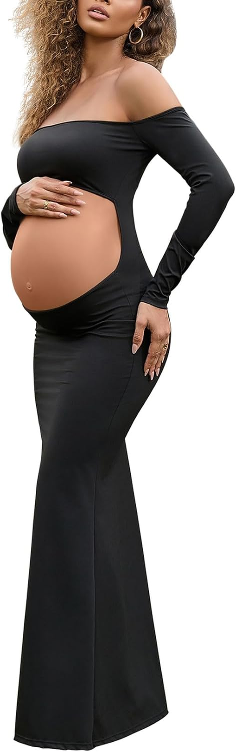Bhome Maternity Dress for Photoshoot Sexy off Shoulder Long Sleeve Maxi Gown Pregnancy Cutout Dress for Baby Shower image number 4
