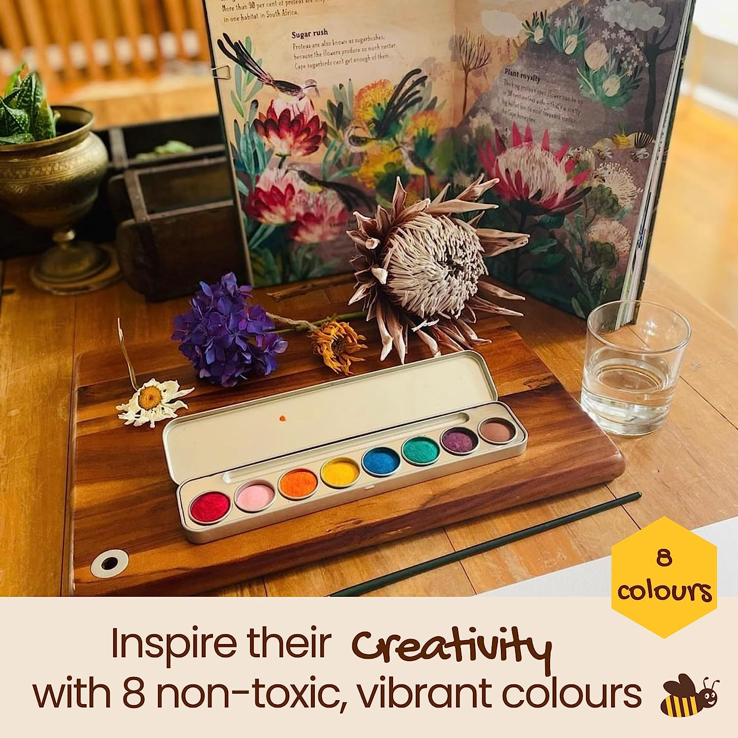 Honeysticks Non Toxic Watercolour Paint Set for Kids and Toddlers - 8 Vibrant Colours with Brush - Natural and Food Grade Ingredients - Child Safe Art Supplies - Great Gift Idea image number 6