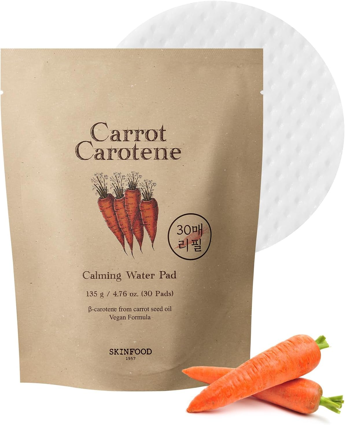 SKINFOOD Toner Pad Refill Cotton, 4.8 Oz (135 G), 30 Sheets (Carrot Carotene Calming Water Pad), Wiping Lotion, Face Wash Instead, Korean Cosmetics image number 3