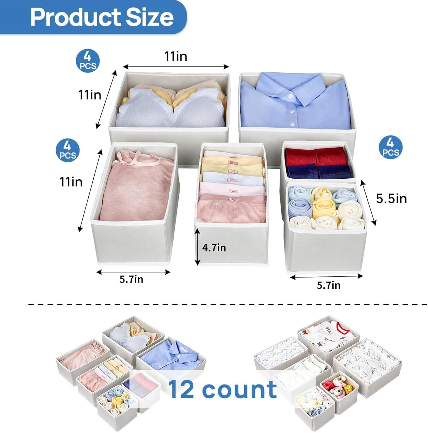 Doublecare 12 Pack Clothes Drawer Organizer, Foldable Drawer Organiser Clothes, Underwear Organiser for Clothes, Pants, Skirts, Socks, Underwears, Baby Clothing, Towel (Grey) image number 3