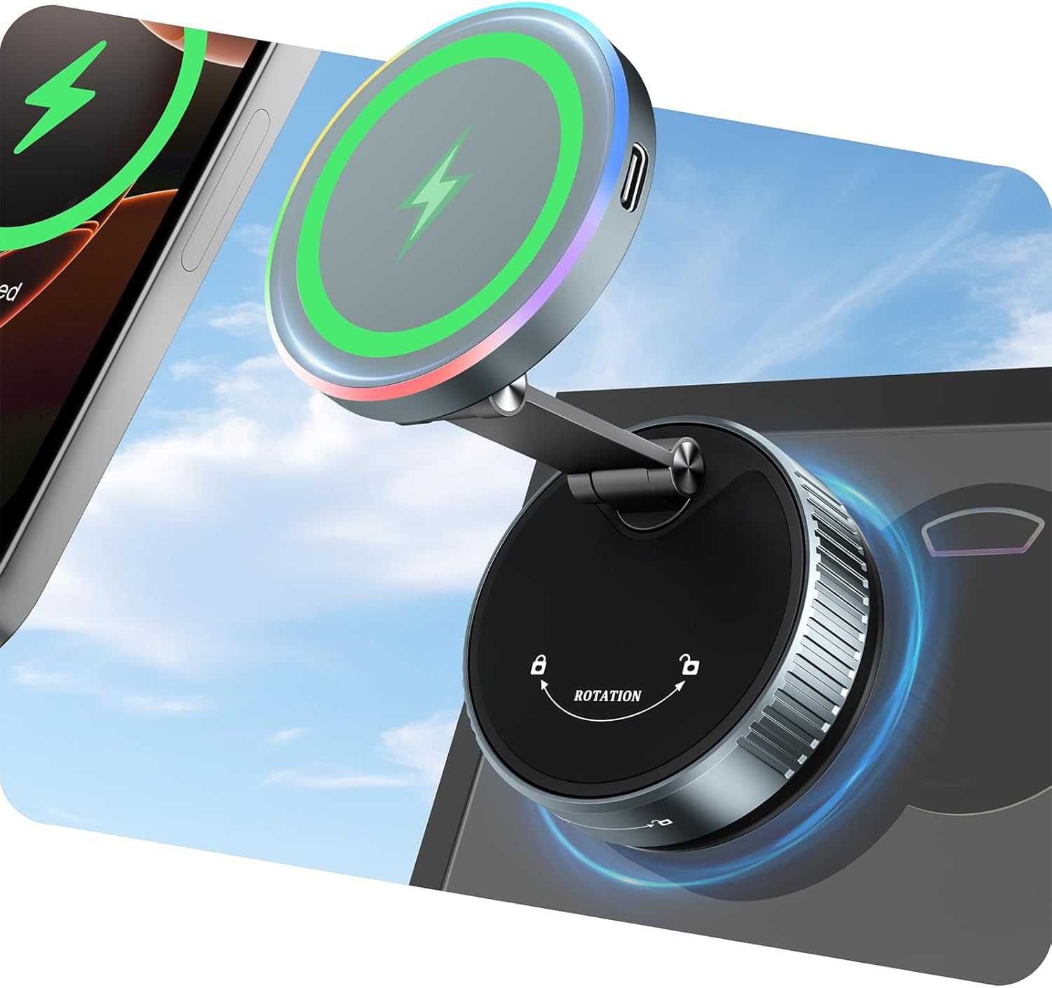 Cloudvalley for Car Mount Charger, 15W Wireless Rapid Charging & 360&deg; Rotating Vacuum Suction Cup, Magnetic Phone Holder with RGB Light, Compatible with Magsafe, Iphone 16/15/14/Dash/Windshield/Screen image number 1