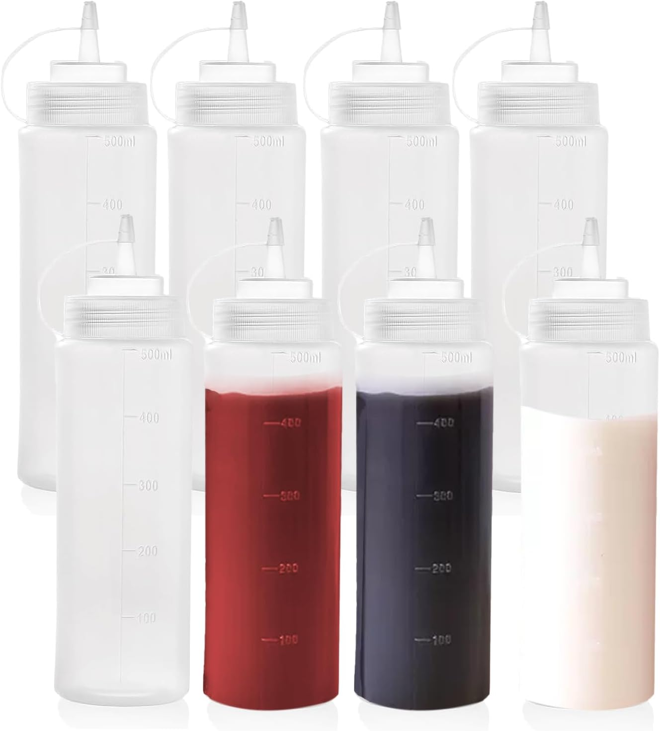 Condiment Squeeze Bottles, 16Oz/470Ml Durable Sauce Bottles with Twist on Caps and Measurement, Plastic Squeeze Squirt Bottle for BBQ, Ketchup, Grilling, Salad, Dressing(Pack of 8) image number 1