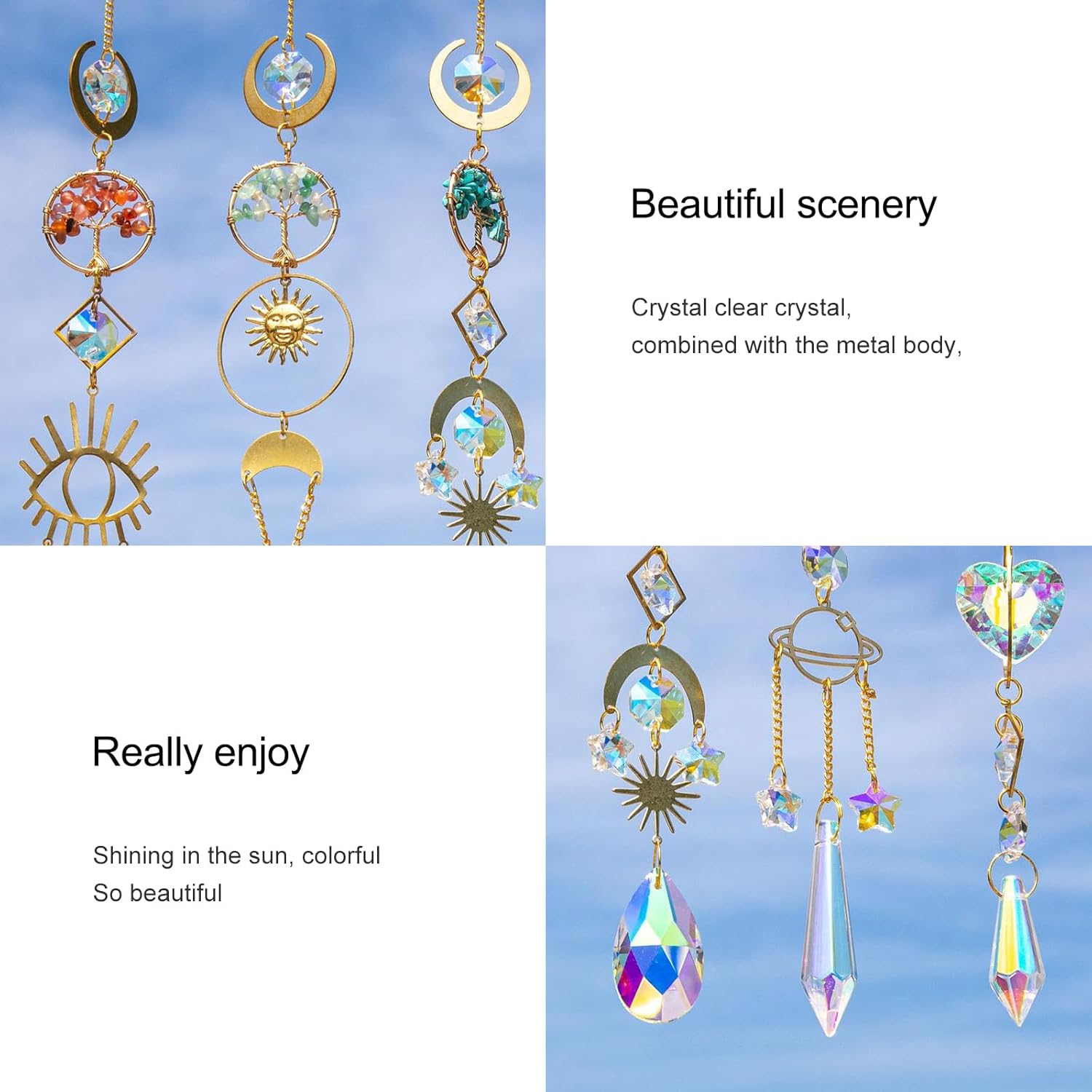 6 Pcs Suncatchers for Garden & Windows Hanging - Rainbow Prism Sun Catchers with Amethyst, Citrine, Carnelian, Green Aventurine, Turquoise, Healing Crystals Home Decor image number 5