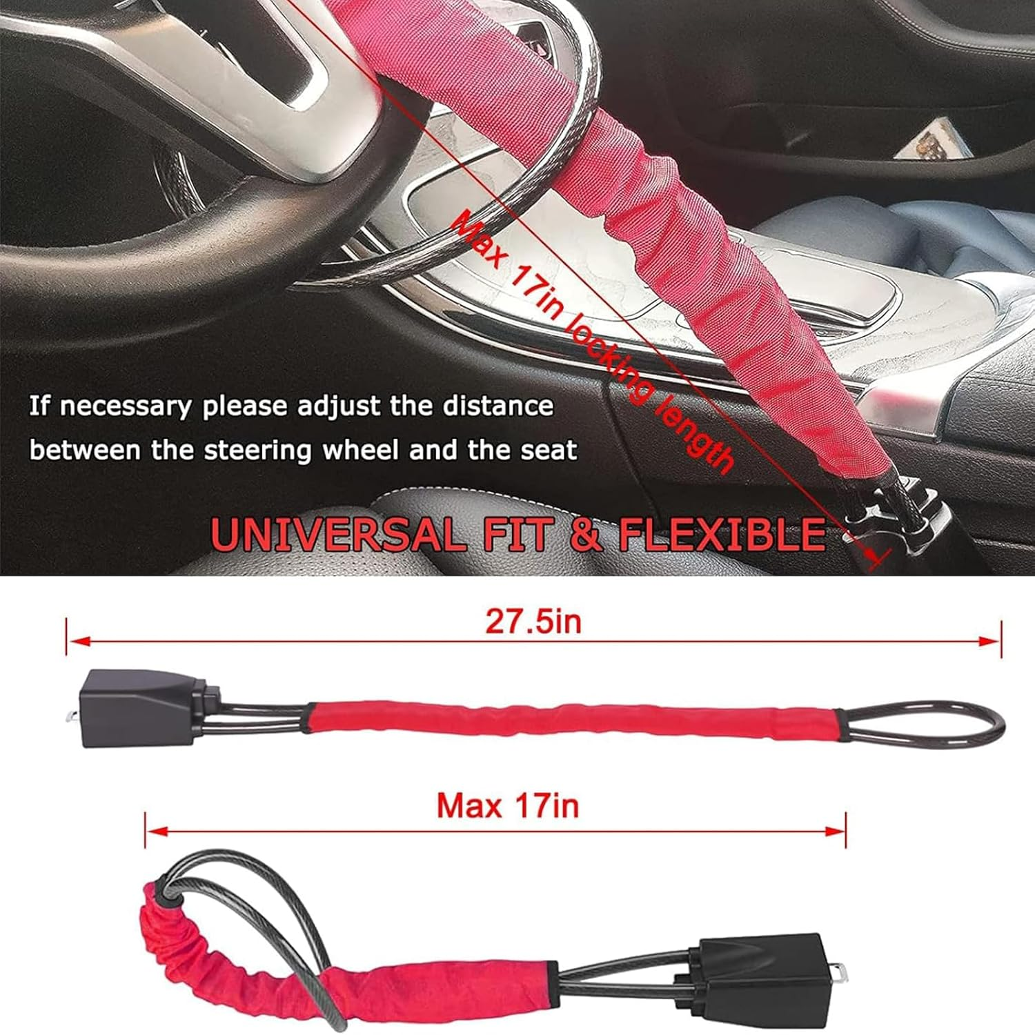 SZUAH Universal Steering Locks for Cars - Heavy-Duty Car anti Theft Device, Fits Most Vehicles (Cars, Trucks, Suvs, Vans),3 Keys Included, Ultimate Security for Your Vehicle (Red) - Orange Color image number 5