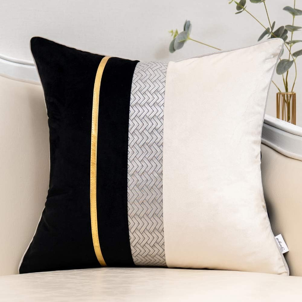 Yangest Black Patchwork Velvet Throw Pillow Cover with Gold Striped Leather Cushion Case Modern Luxury Pillowcase for Sofa Couch Bedroom Living Room Home Decor,18"X18"