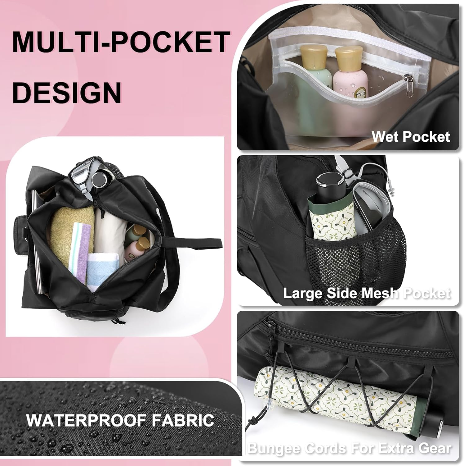 LEFAFA Gym Bag for Women, Lightweight Travel Duffel Bag with Shoe Compartment, Weekender Overnight Bags with Wet Pocket and Bottle Carrier Bag, Workout Yoga Gym Bags for Travel, Gym, Sports, Pink