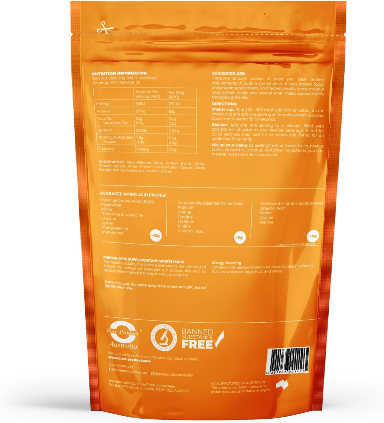 Pure Product Australia Pure Complete Whey Protein Blend Wpi/Wpc/Casein Powder (Unflavour) (1KG)