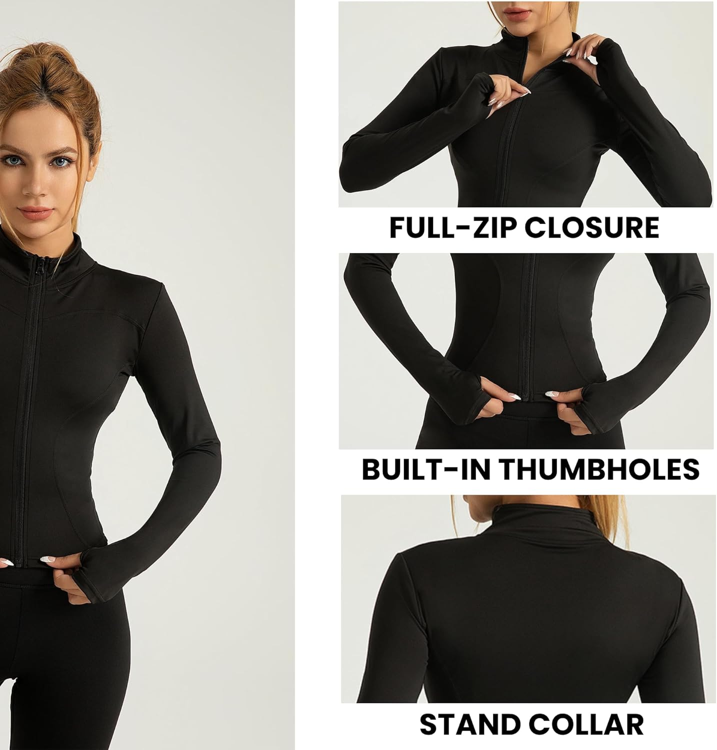 Women'S Cropped Zip up Workout Jacket &ndash; Lightweight Slim Fit Yoga & Running Sports Track Jacket with Thumb Holes | Activewear Top image number 2