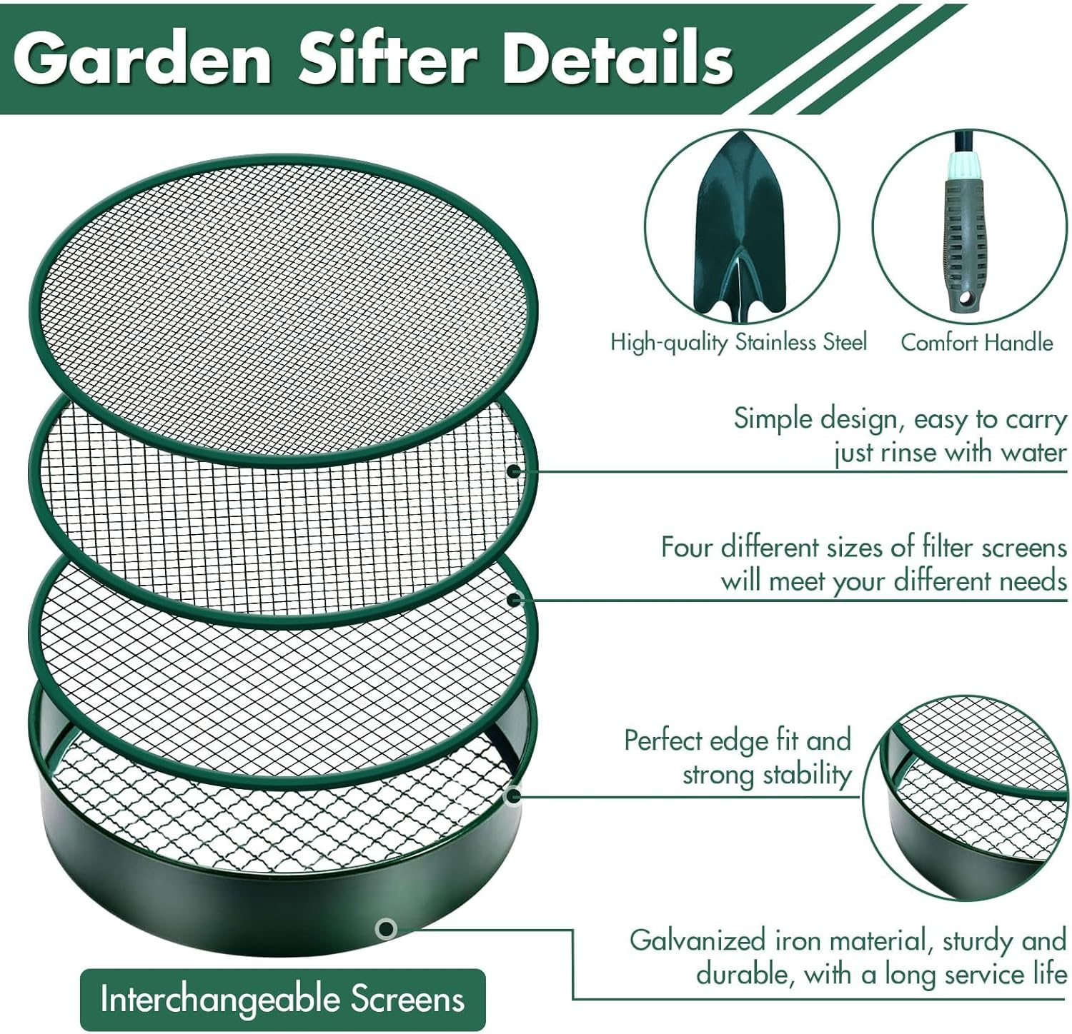 Soil Sifter, 30 Cm Fine Mesh Stainless Steel Soil Sifter for Gardening, Compost Sifter with 4 Interchangeable Filter Mesh Sizes 3,6,9,12Mm and Shovel, Soil Sieve for Sand Rocks Dirt Compost image number 3