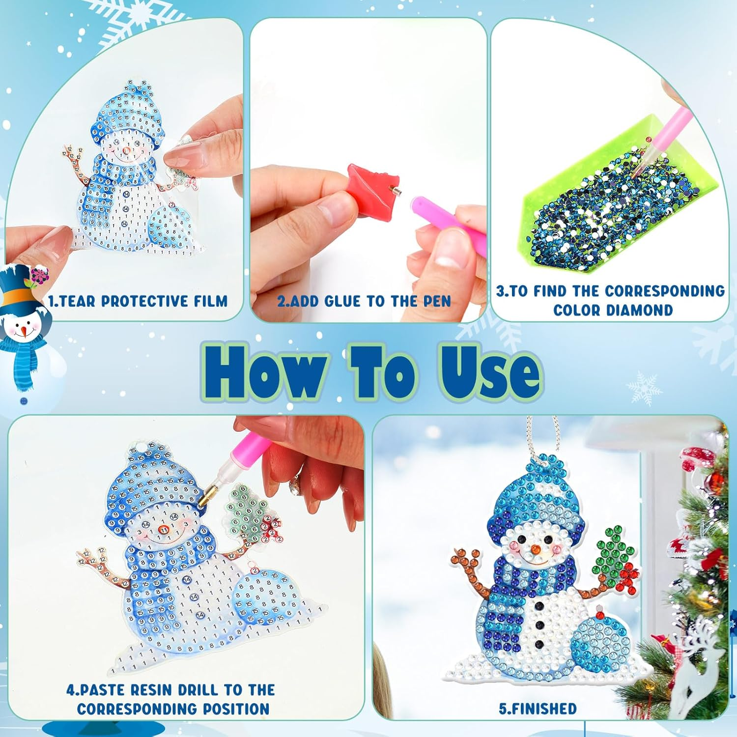 Skylety 20 Pcs Winter Diamond Art Ornaments Snowman Diamond Painting Kit for Adult 5D DIY Gift Wrap Tags with Rope Winter Hanging Ornaments for Home Party Craft Decor(Blue) - Blue Snowman image number 4