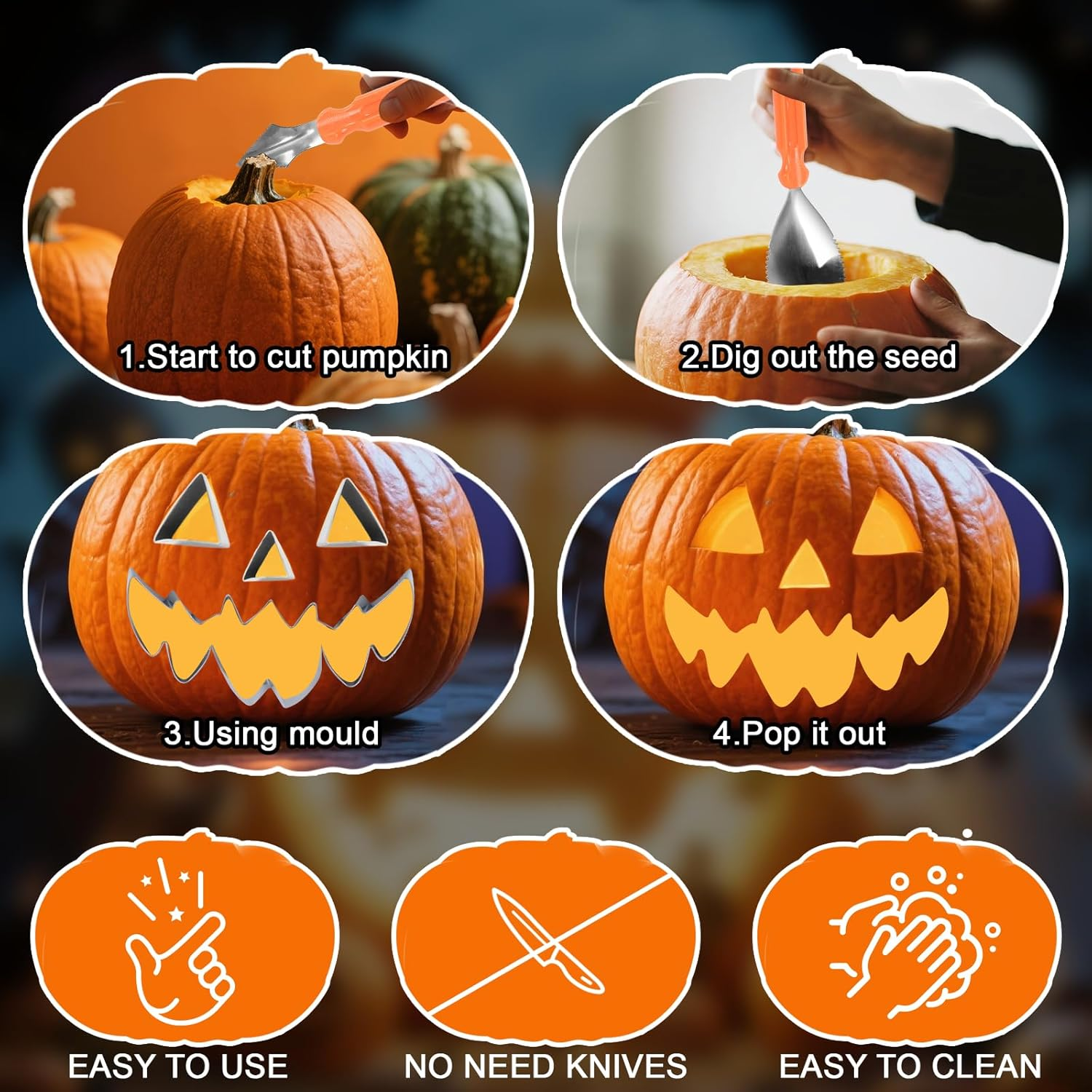 Ninonly 26PCS Halloween Pumpkin Carving Kit, Halloween Pumpkin Carving Set with 24 PCS Stainless Steel Pumpkin Carving Knife Stencils & 2 Carving Tools, Carving Tools Kit for Halloween Decoration image number 3