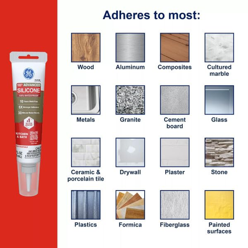 GE Advanced Silicone Caulk for Kitchen & Bathroom, Clear, 2.8 Fl Oz Tube, 1 Pack - 100% Waterproof Silicone Sealant, 5X Stronger Adhesion, Shrink & Crack Proof