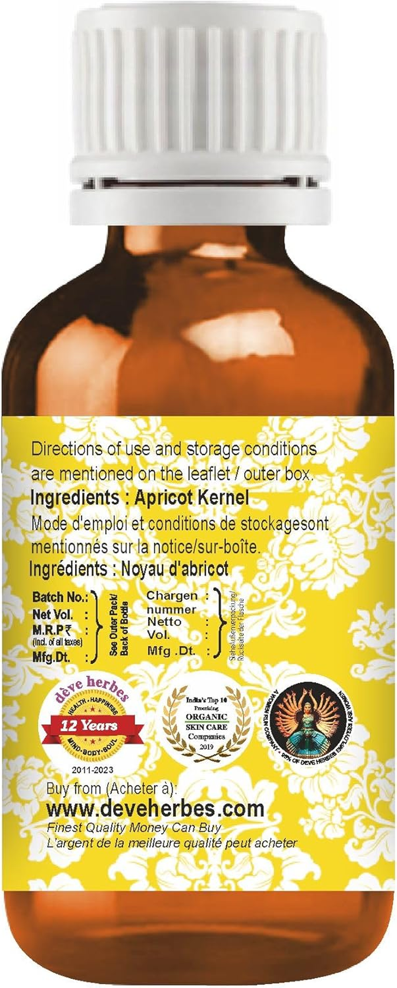 Deve Herbes Pure Apricot Kernel Oil (Prunus Armeniaca) Natural Therapeutic Grade Cold Pressed 30Ml (1 Oz) image number 6