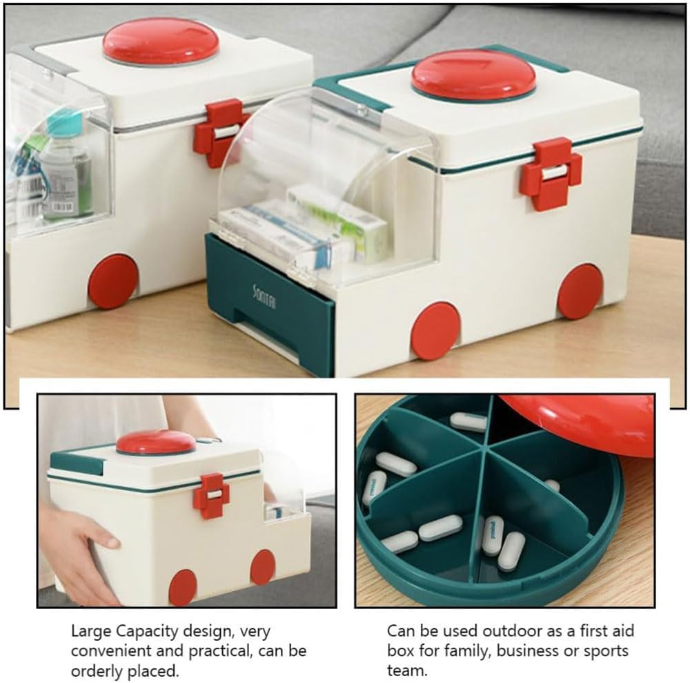 Portable First Aid Storage Box, Ambulance-Shaped Plastic Medicine Organizer, Large-Capacity Home and Outdoor First Aid Kit for Adults and Children image number 2
